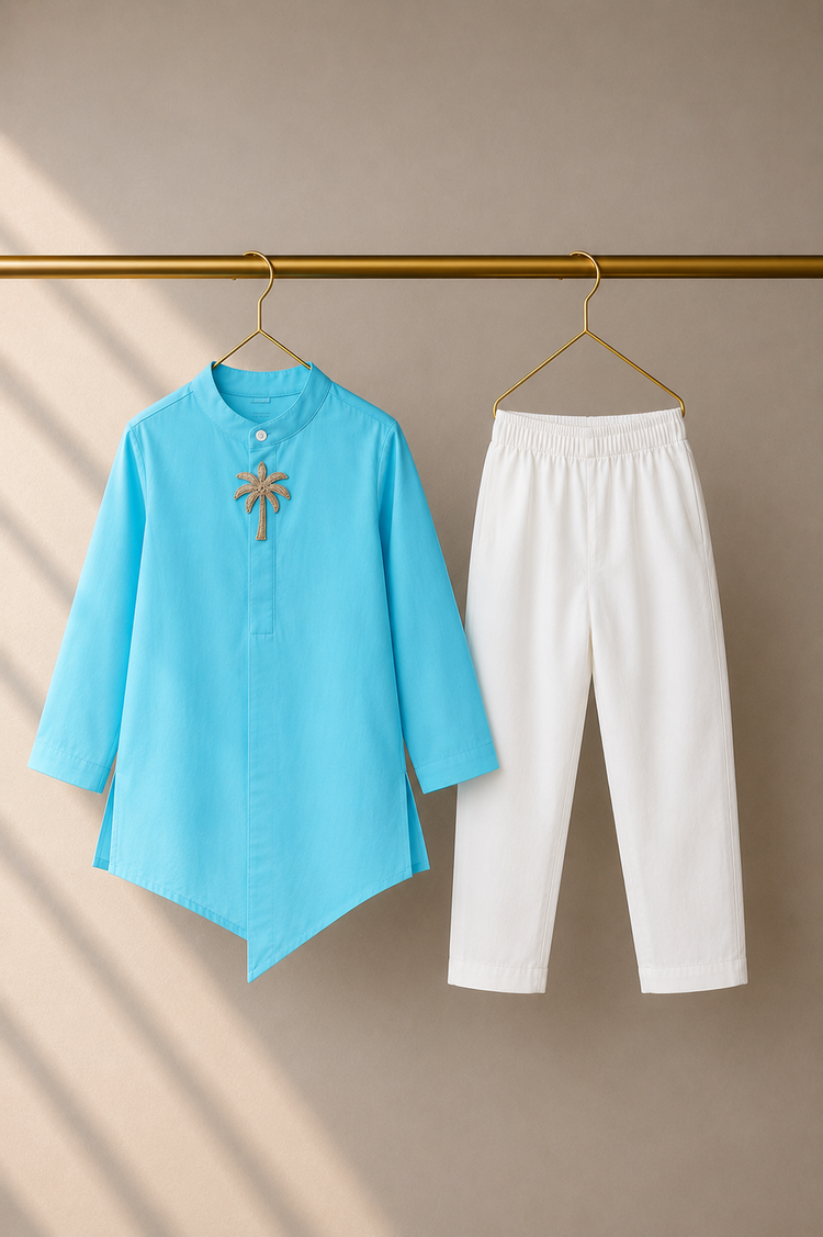 Turquoise palm-motif asymmetrical kurta - flat lay with pants