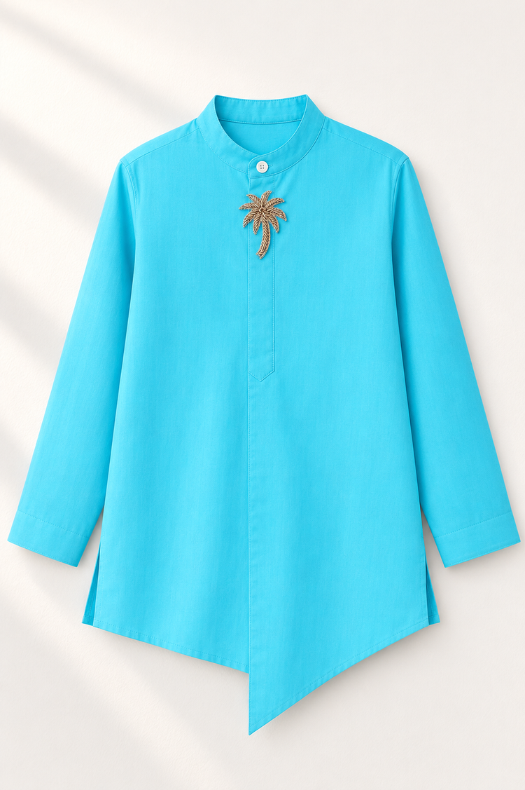 Turquoise palm-motif asymmetrical kurta - kurta flat lay