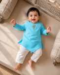 Baby wearing Anaario Turquoise Palm-Motif Baby Kurta Set, turquoise kurta with palm-tree embroidered jacket, newborn to 24 months