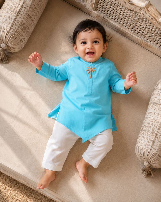 Baby wearing Anaario Turquoise Palm-Motif Baby Kurta Set, turquoise kurta with palm-tree embroidered jacket, newborn to 24 months