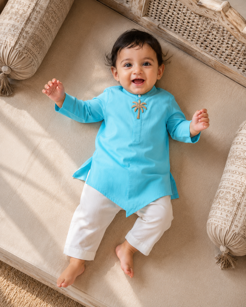 Baby wearing Anaario Turquoise Palm-Motif Baby Kurta Set, turquoise kurta with palm-tree embroidered jacket, newborn to 24 months