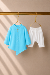 Baby wearing Anaario Turquoise Palm-Motif Baby Kurta Set, turquoise kurta with palm-tree embroidered jacket, newborn to 24 months