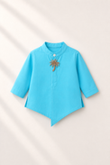 Baby wearing Anaario Turquoise Palm-Motif Baby Kurta Set, turquoise kurta with palm-tree embroidered jacket, newborn to 24 months