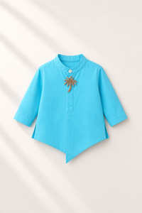 Baby wearing Anaario Turquoise Palm-Motif Baby Kurta Set, turquoise kurta with palm-tree embroidered jacket, newborn to 24 months