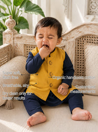 Navy Moon-Star Motif Baby Waistcoat Kurta Set (Yellow Waistcoat) features