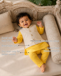 Yellow Moon-Star Motif Baby Waistcoat Kurta Set features