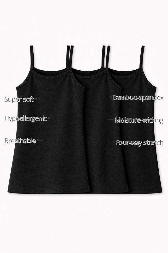 Girls Black Sleeveless Bamboo Vest (Pack of 3) features