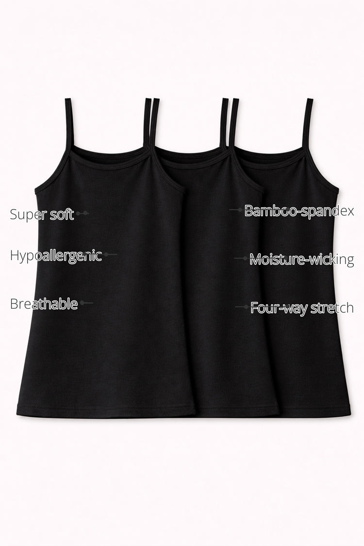 Girls Black Sleeveless Bamboo Vest (Pack of 3) features