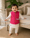 Beige Flamingo Motif Baby Waistcoat Kurta Set features
