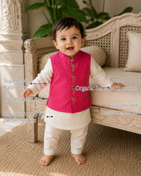 Beige Flamingo Motif Baby Waistcoat Kurta Set features