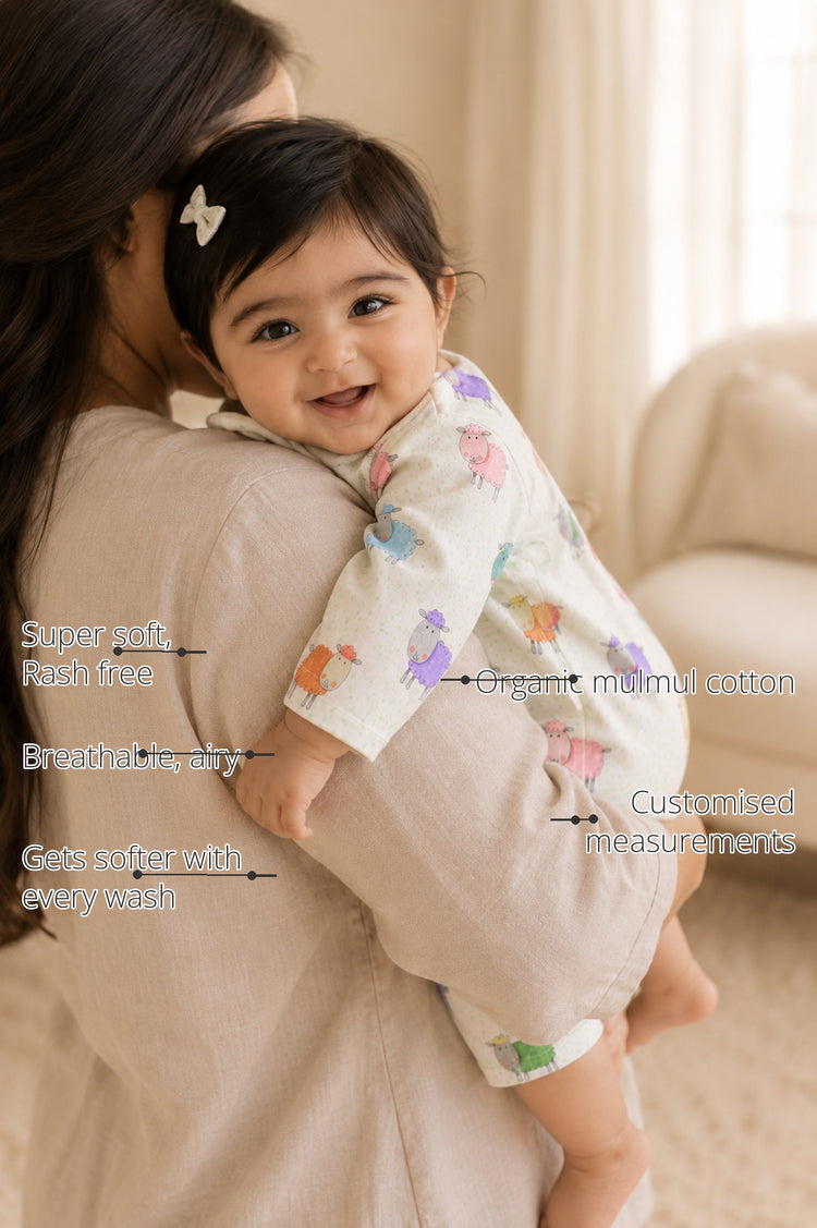 Colourful Sheep Wrap Baby Co-ord Set features