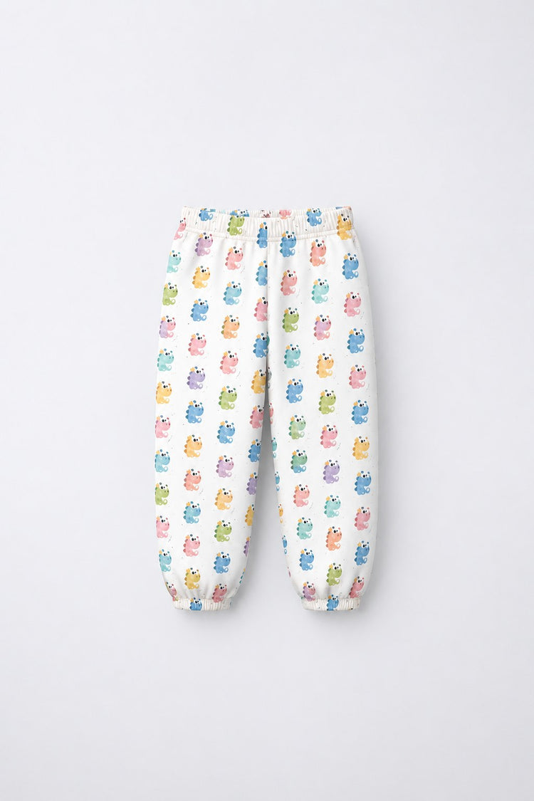 Multi Pastel Dinosaur Barrel Pant Set flat lay by Anaario
