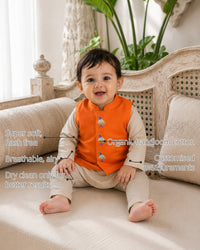 Beige Bird Motif Baby Waistcoat Kurta Set features