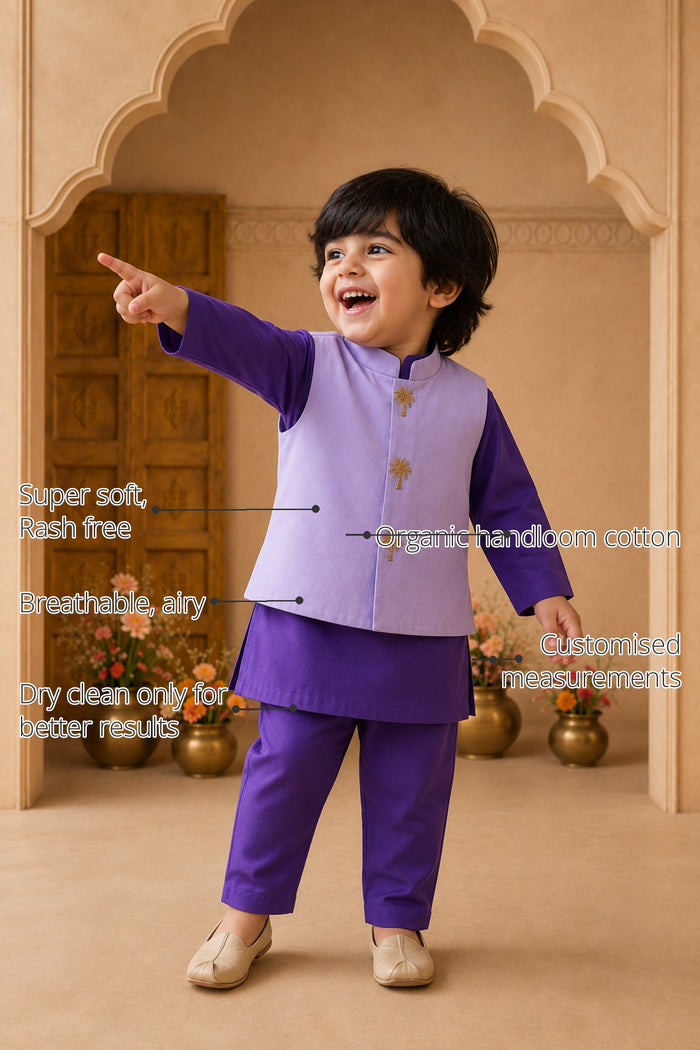 Purple Palm-Motif Boys' Waistcoat Set (Lilac Waistcoat) features