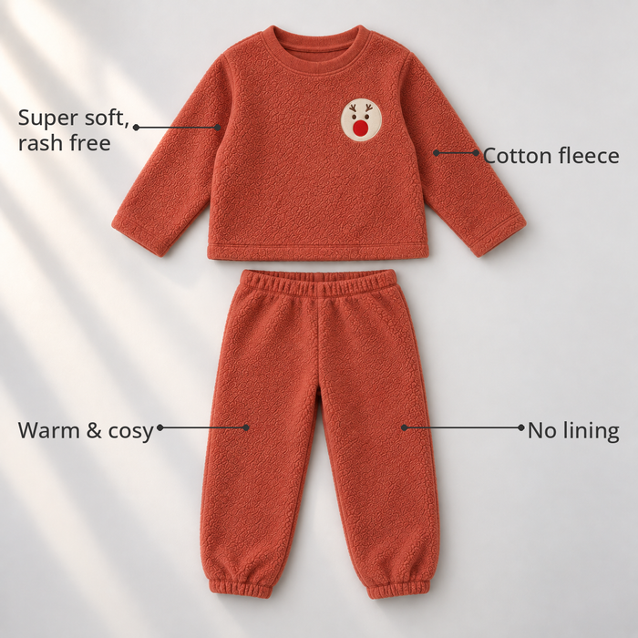 Rust Reindeer Fleece Set feature highlights by Anaario – super soft, warm cotton fleece, no lining