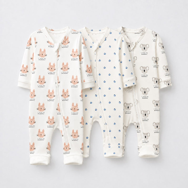 Woodland Bunny bamboo baby sleepsuit combo — coordinating full-sleeve two-way zip romper onesies