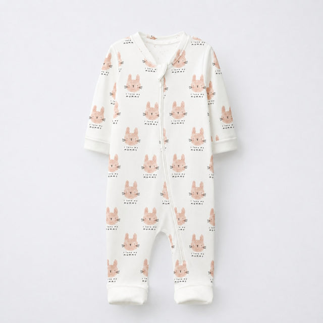 Woodland Bunny bamboo cotton baby sleepsuit — two-way zip romper onesie
