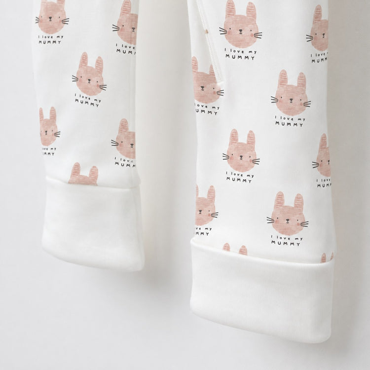 Woodland Bunny bamboo cotton baby sleepsuit — zip romper onesie detail