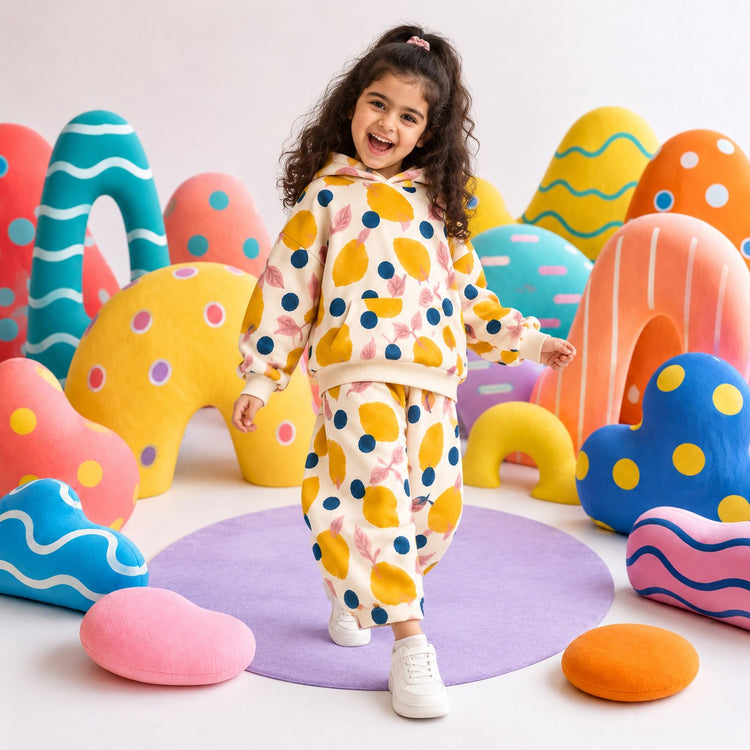 Mustard Lemons Hooded Barrel Pant Set on girl by Anaario – winter kidswear