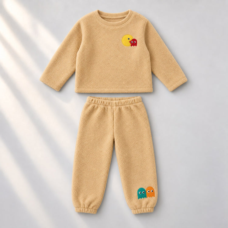 Beige Pac-Man Fleece Set top and bottom by Anaario
