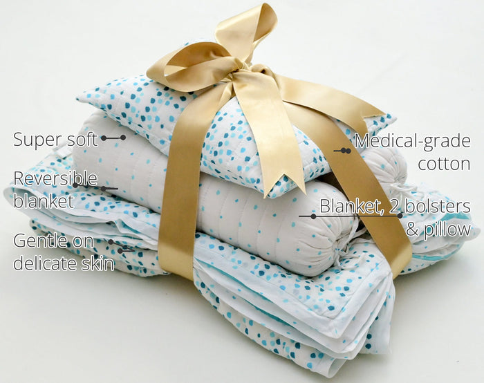Snuggles and Cuddles Baby Blanket Gift Bundle (Blue polka dots) features