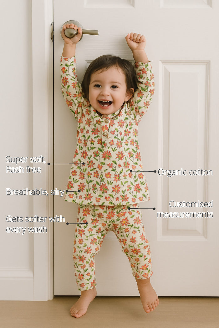 Cream Floral Girls' Cotton Co-ord Set features