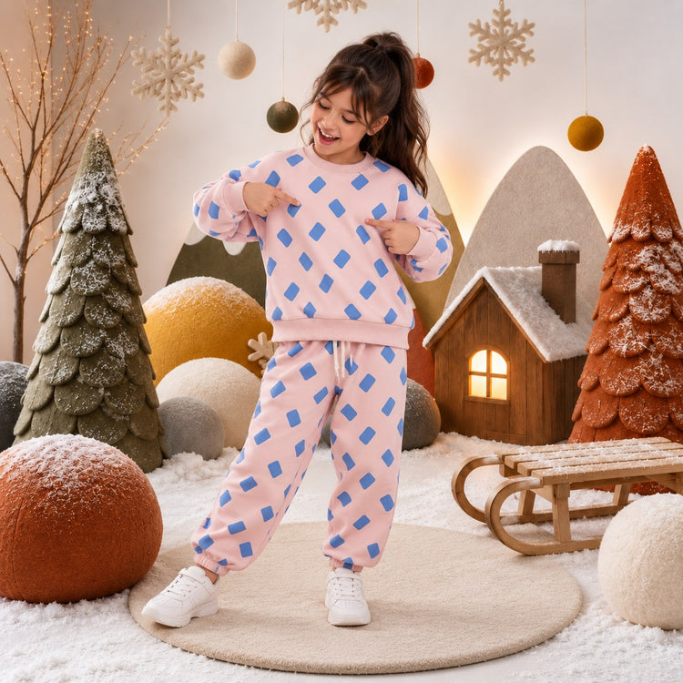 Pink-Blue Rectangle Jogger Set on girl by Anaario – winter kidswear