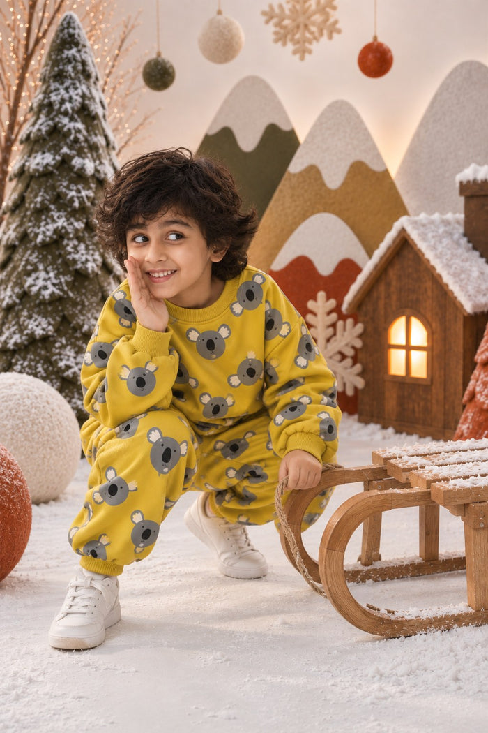 Mustard Koala Jogger Set on boy by Anaario – winter kidswear