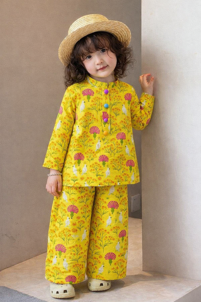 Girl wearing Anaario Yellow Floral Cotton Co-ord Set