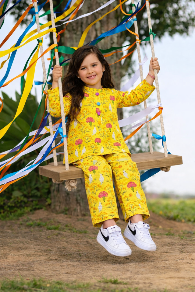 Girl wearing Anaario Yellow Floral Cotton Co-ord Set
