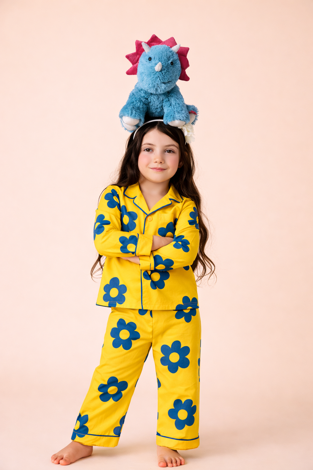 Girl wearing Anaario Yellow Blue Flower Night Wear
