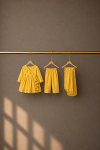 Anaario Yellow Duck Angrakha Set, yellow angrakha top, pants and dupatta on hangers