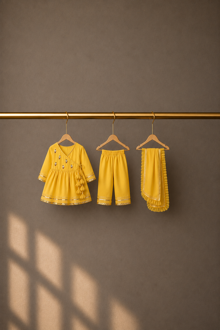 Anaario Yellow Duck Angrakha Set, yellow angrakha top, pants and dupatta on hangers
