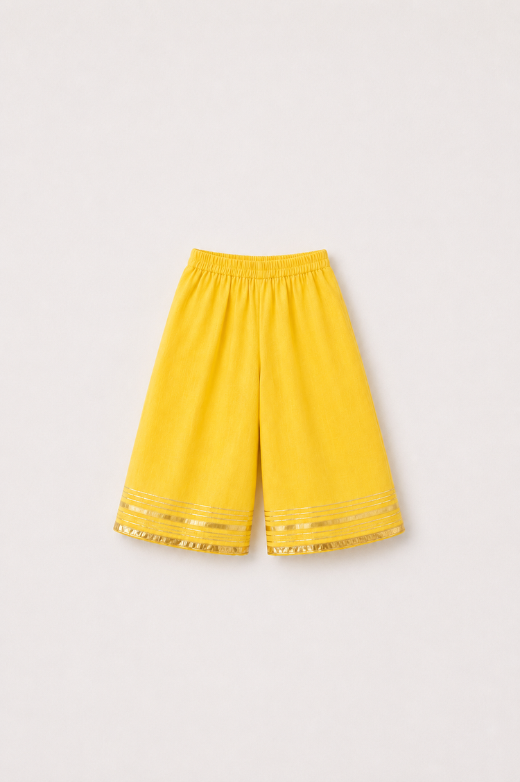 Anaario Yellow Duck Angrakha Set, yellow palazzo pants flat lay with gold trim