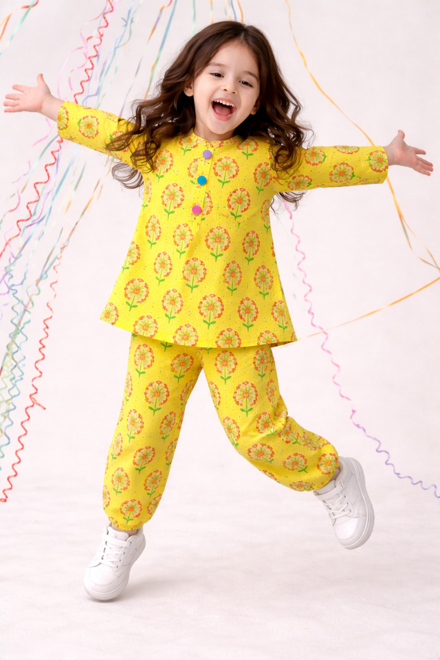 Girl wearing Anaario Yellow Floral Cotton Co-ord Set