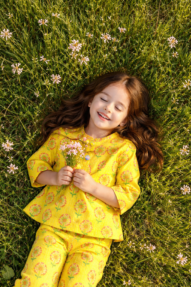 Girl wearing Anaario Yellow Floral Cotton Co-ord Set