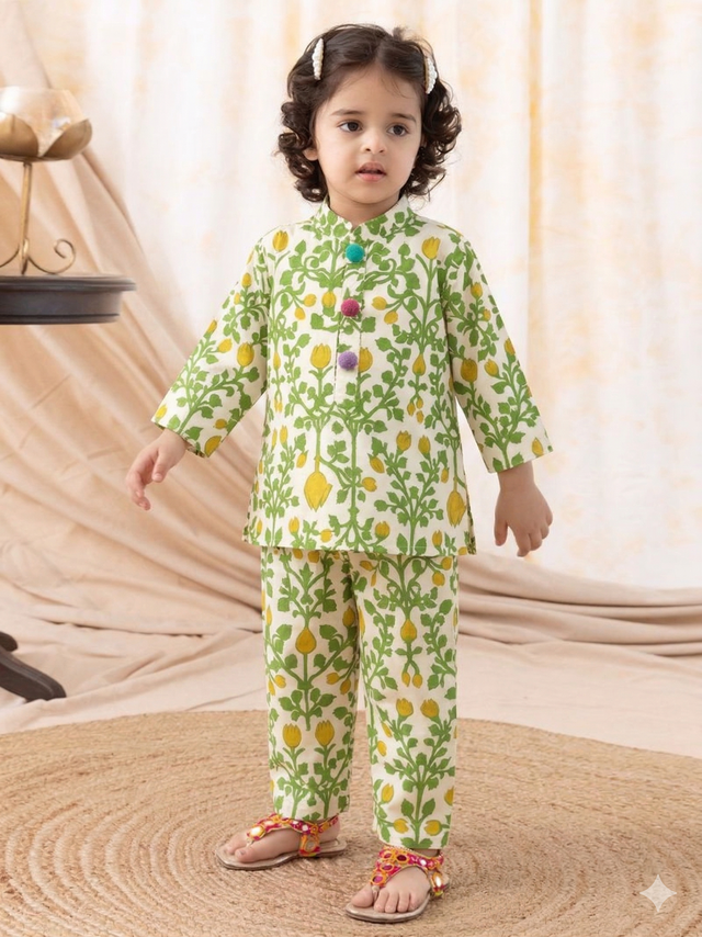 Girl wearing Anaario Yellow Green Cotton Co-ord Set