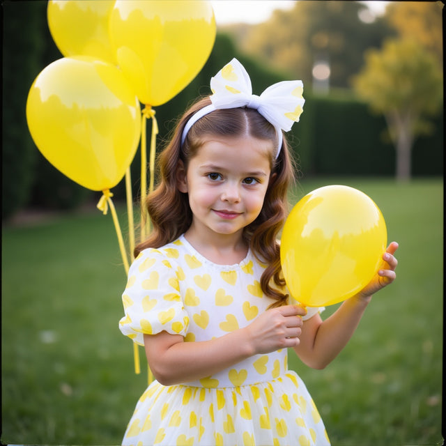 Girl wearing Anaario yellow organza party dress with hearts motif