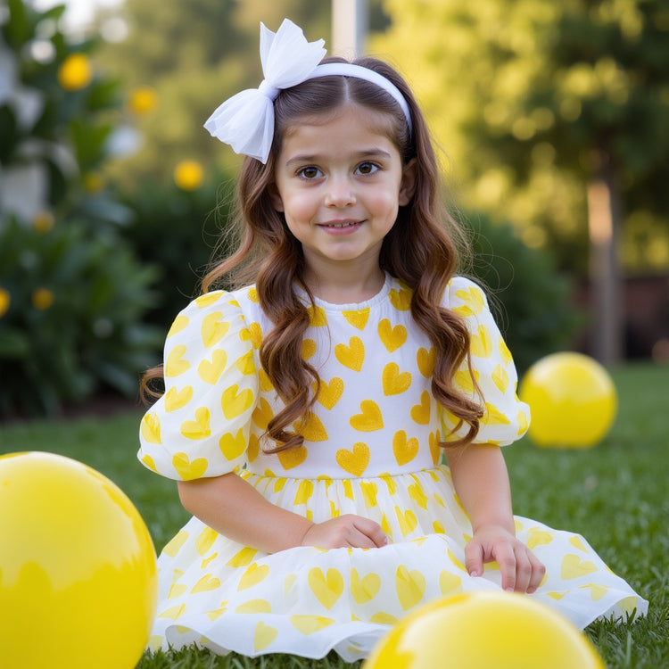 Girl wearing Anaario yellow organza party dress with hearts motif