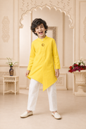 Yellow moon and star asymmetrical kurta by Anaario - full look