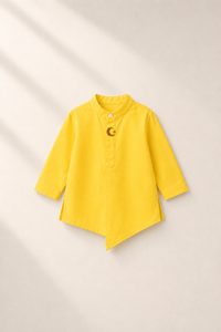 Baby wearing Anaario Yellow Moon-Star Baby Kurta Set, yellow kurta with moon-and-star embroidered jacket, newborn to 24 months