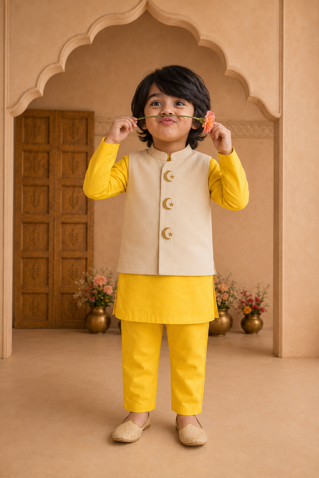 Yellow Moon-Star Waistcoat Set (Cream Waistcoat) - lifestyle photo, archway backdrop