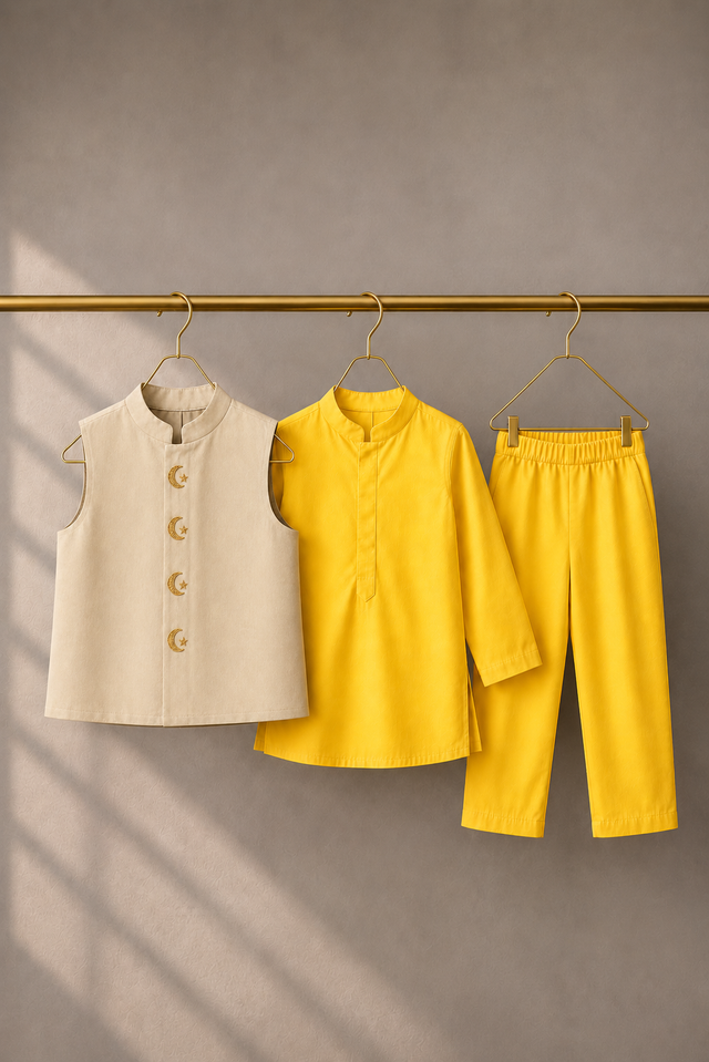 Yellow Moon-Star Waistcoat Set (Cream Waistcoat) - flat lay, waistcoat, kurta and pants