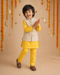 Yellow Moon-Star Waistcoat Set (Cream Waistcoat) - festive lifestyle photo, marigold and crescent backdrop
