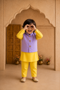 Yellow Palm-Motif Waistcoat Set (Lilac Waistcoat) - lifestyle photo, archway backdrop
