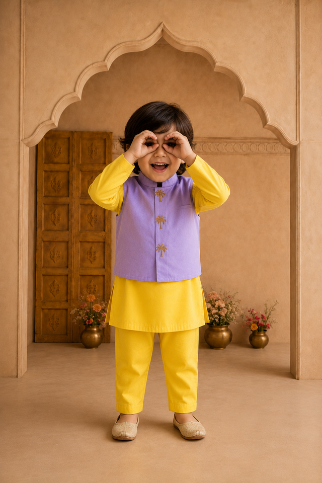 Yellow Palm-Motif Waistcoat Set (Lilac Waistcoat) - lifestyle photo, archway backdrop