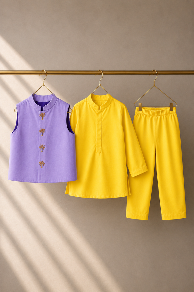 Yellow Palm-Motif Waistcoat Set (Lilac Waistcoat) - flat lay, waistcoat, kurta and pants