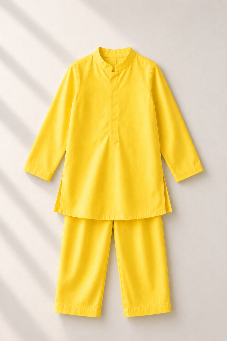 Yellow Palm-Motif Kurta and Pants - flat lay