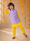Yellow Palm-Motif Waistcoat Set (Lilac Waistcoat) - festive lifestyle photo, marigold and crescent backdrop