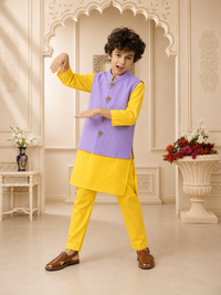 Yellow palm-motif waistcoat set with lilac waistcoat by Anaario